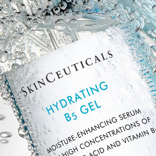 SkinCeuticals Hydrating B5 Gel packaging with water droplets on a white background